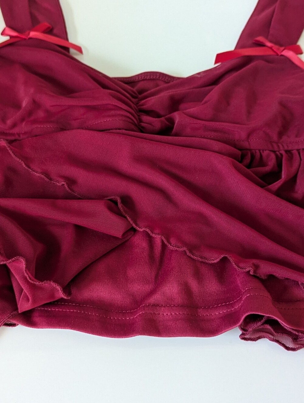 Easelle Red Mesh Ruffle Trim Babydoll Camisole Tank Top - Picture 6 of 9